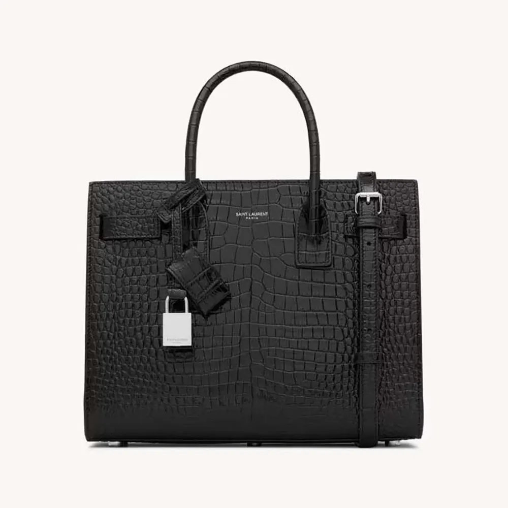 Front view of Saint Laurent YSL Women Sac De Jour in Embossed Crocodile Leather Baby-Black