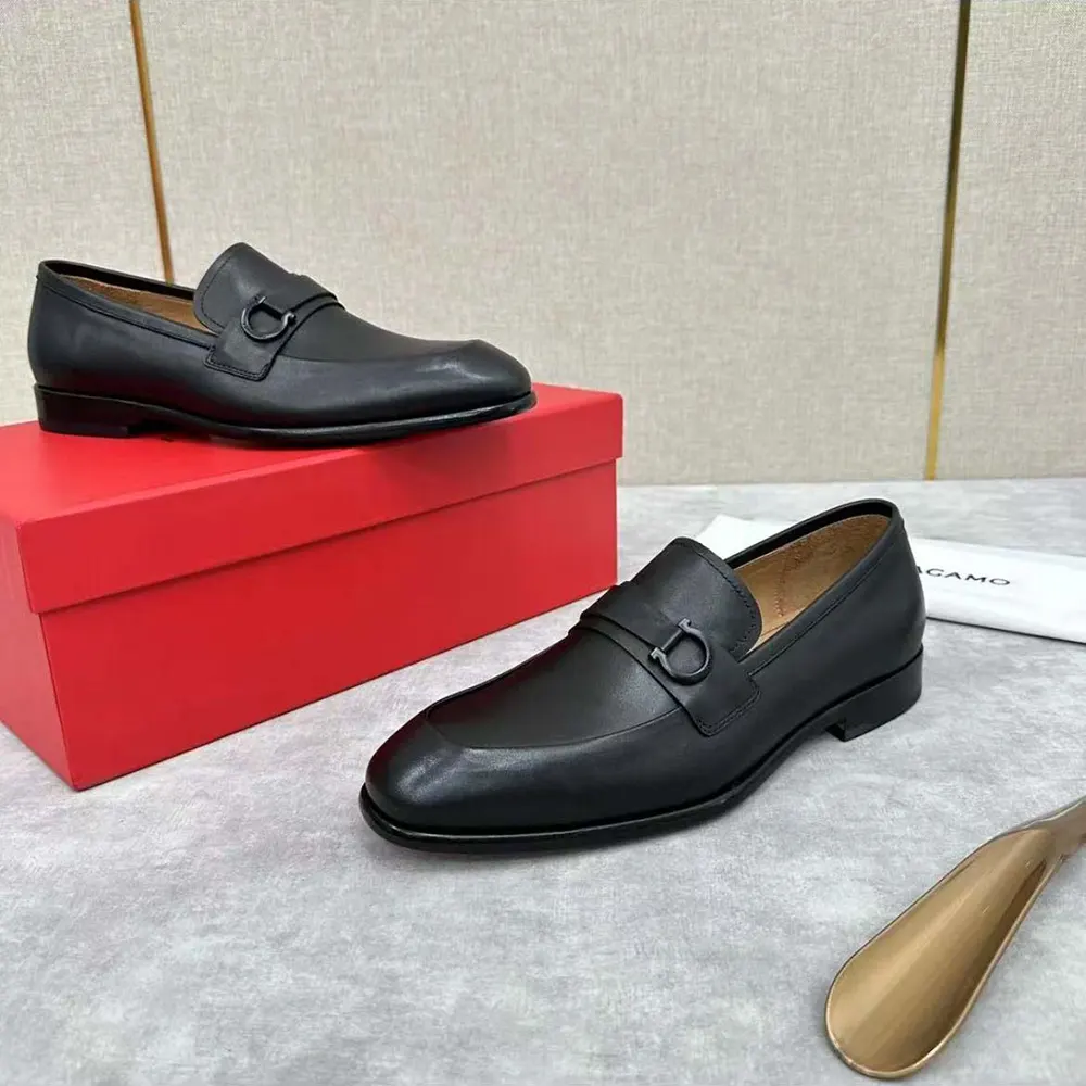 Top view showing black leather and sleek silhouette of Salvatore Ferragamo Moccasin