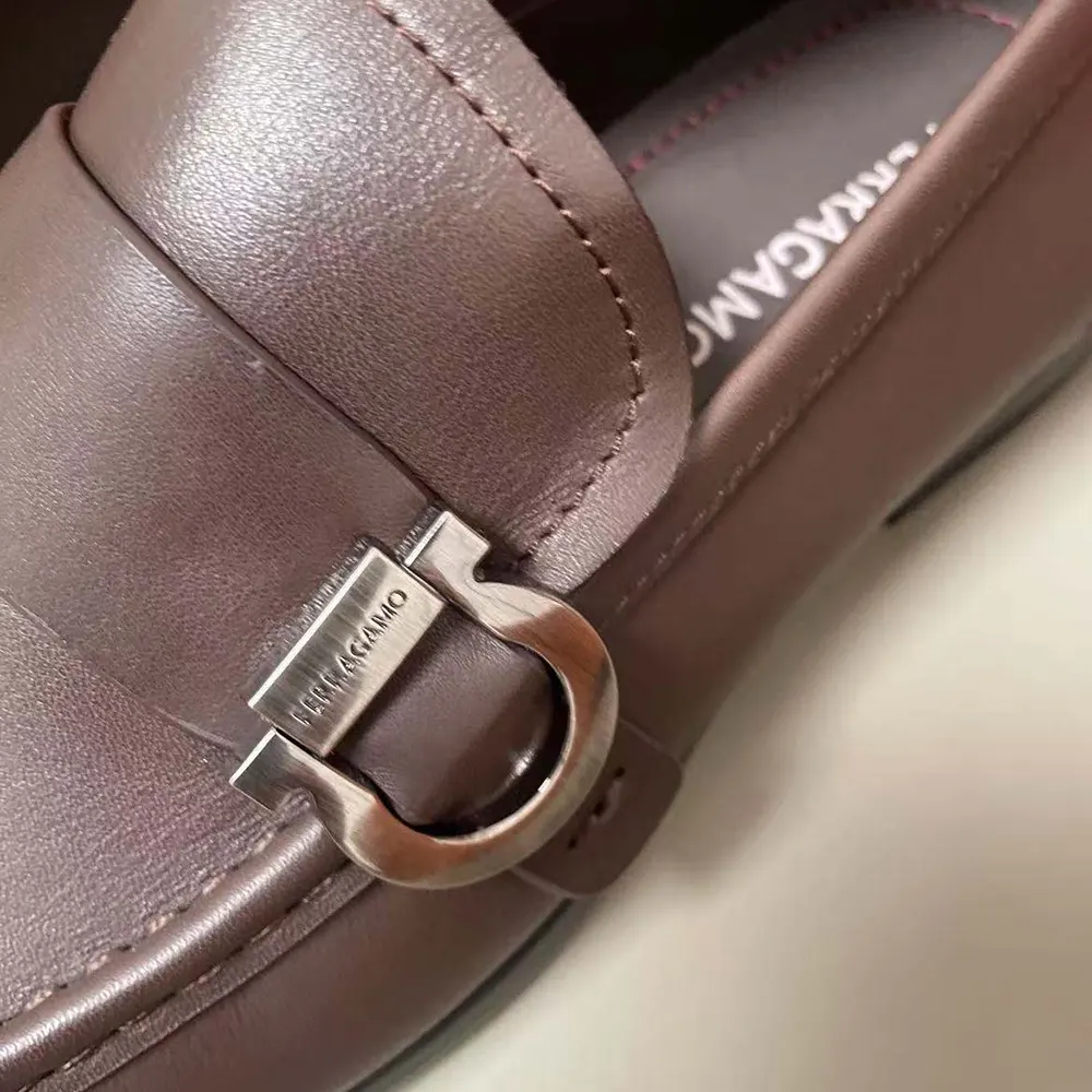 Overhead view showing moccasin stitching and leather texture on Salvatore Ferragamo Men Moccasin