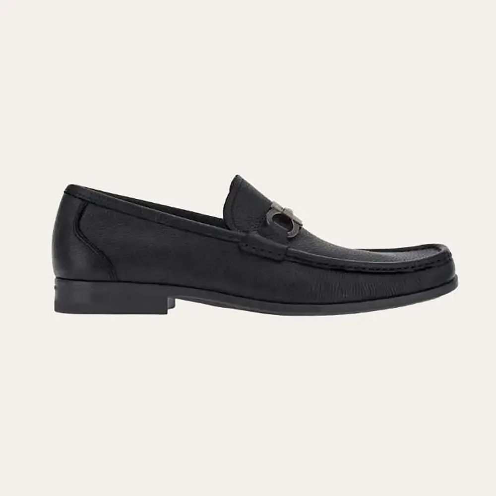 Side view of Salvatore Ferragamo Men Moccasin with Gancini Ornament in black leather