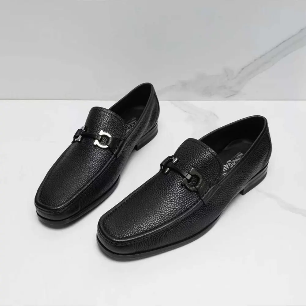 Top angle of black leather Salvatore Ferragamo Men Moccasin showing slip-on design