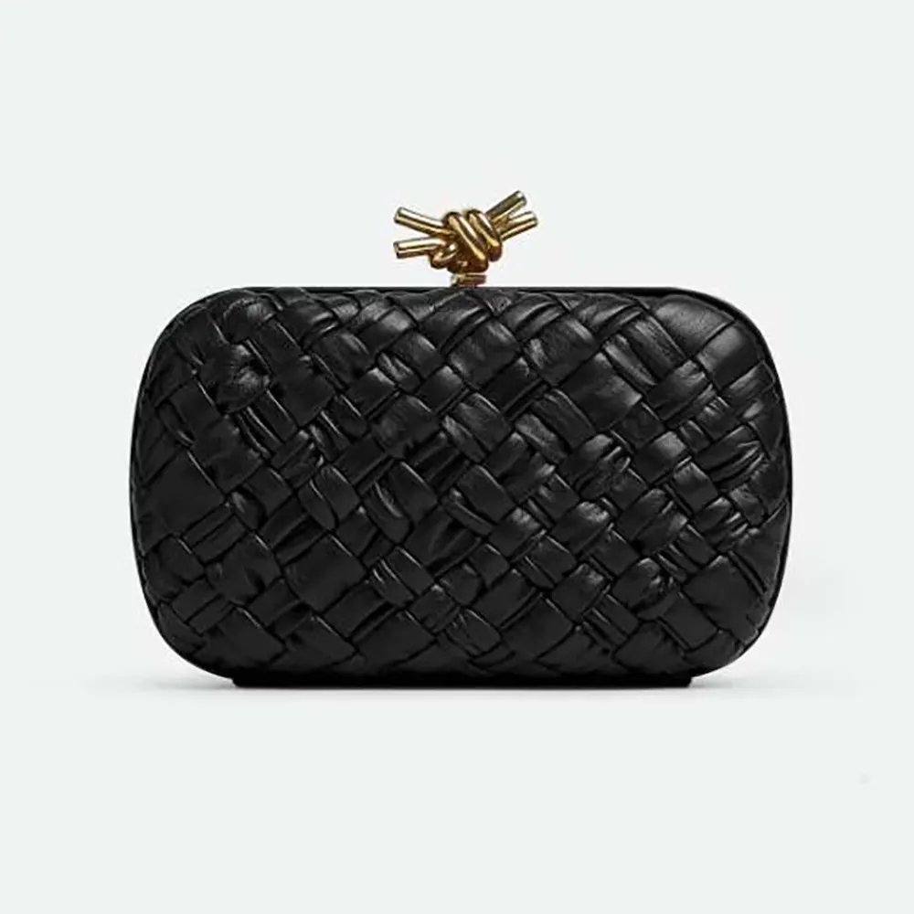 Front angle of Bottega Veneta Women Knot Minaudière Clutch in black calfskin