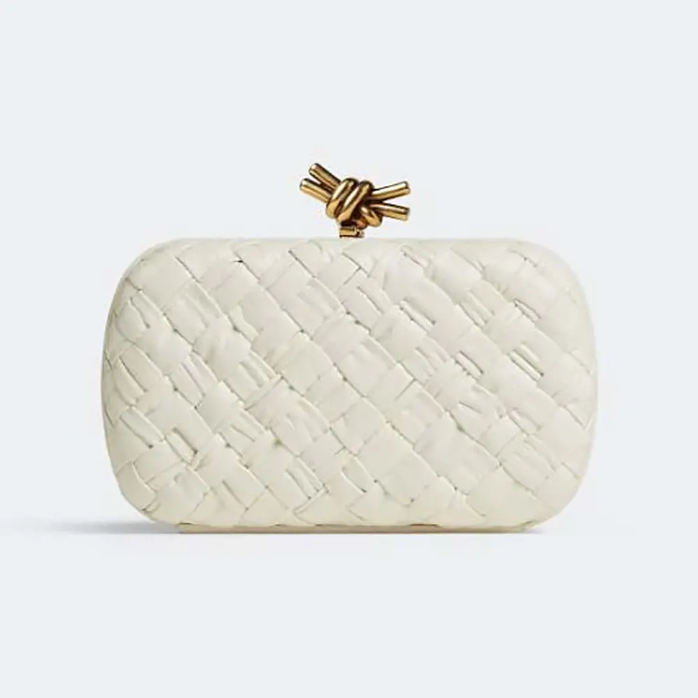 Front view of Bottega Veneta Women Knot Minaudière Clutch in white calfskin