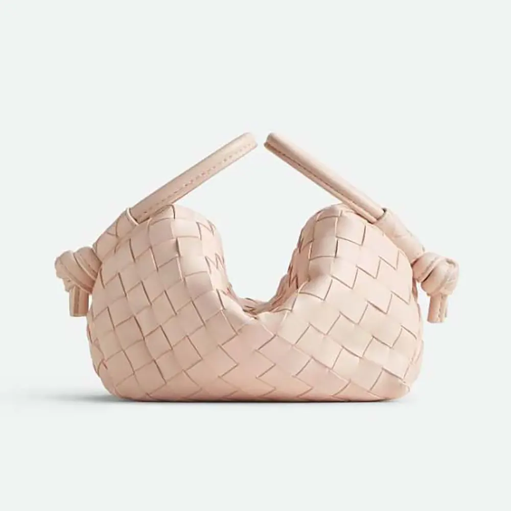 Front view of Bottega Veneta Women Top Handle Loop in Intrecciato Leather-Pink