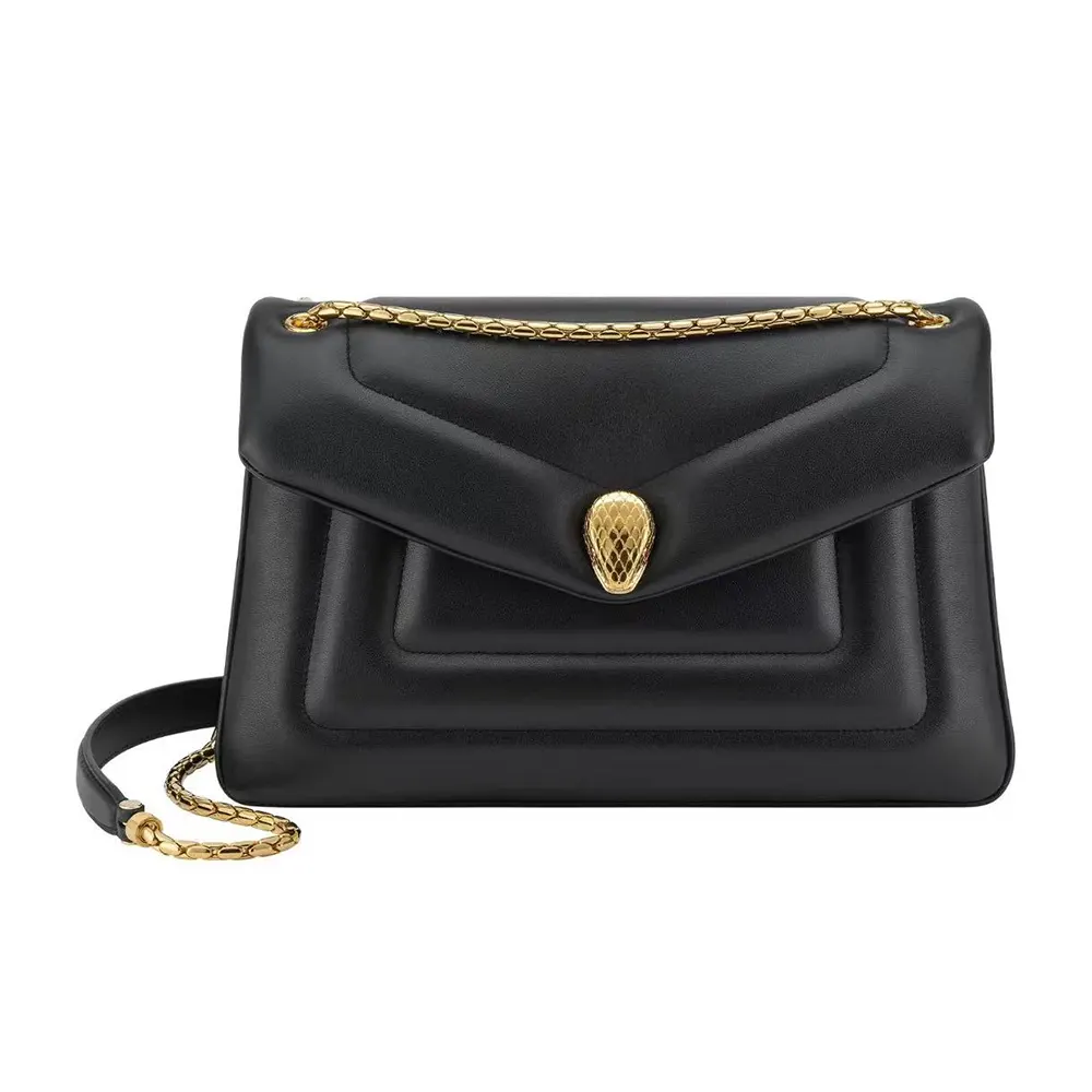 Front view of Bvlgari Women Serpenti Reverse Shoulder Bag-Black showcasing coil closure