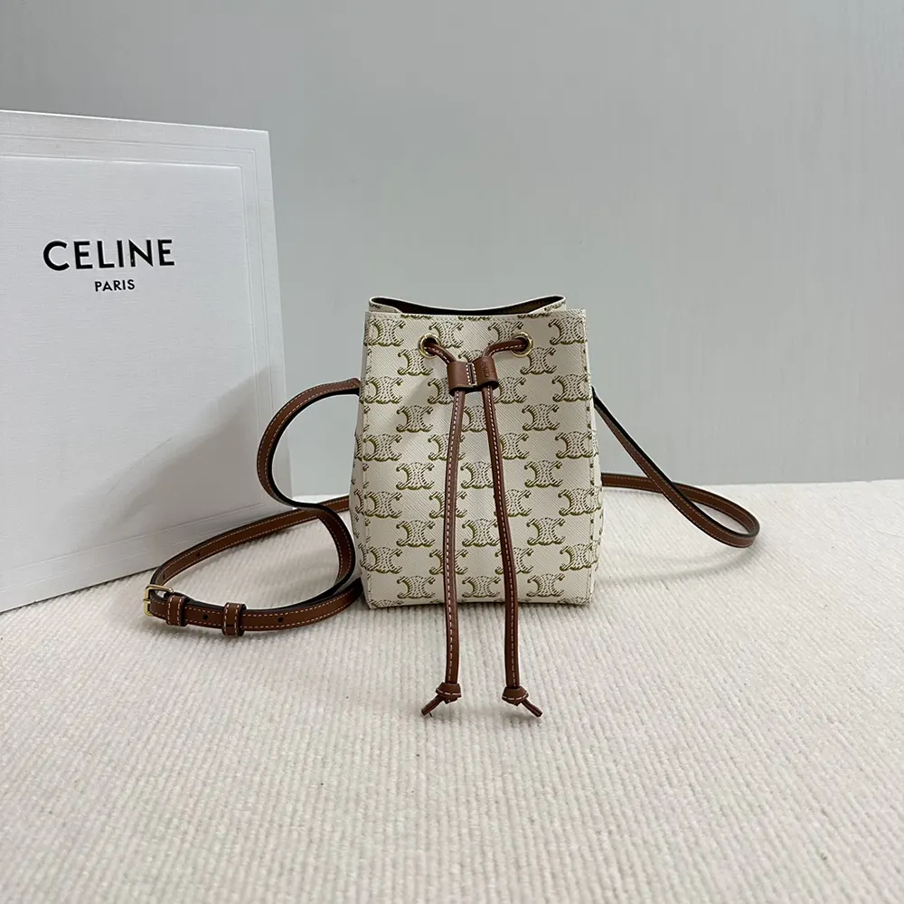 Close-up of gold Triomphe clasp on Celine Women Micro Sailor white bag