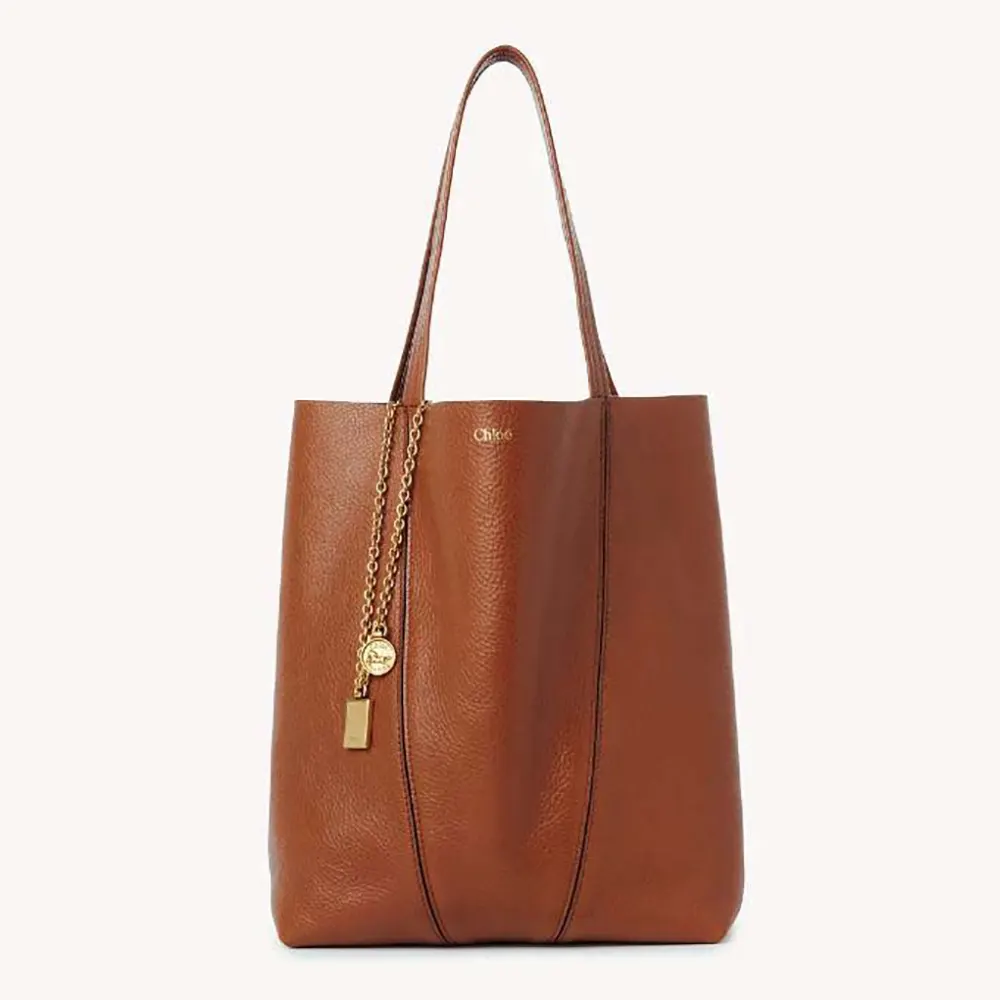 Front view of Chloe Women Chloé Spin Tote Bag in Grained Leather-Brown