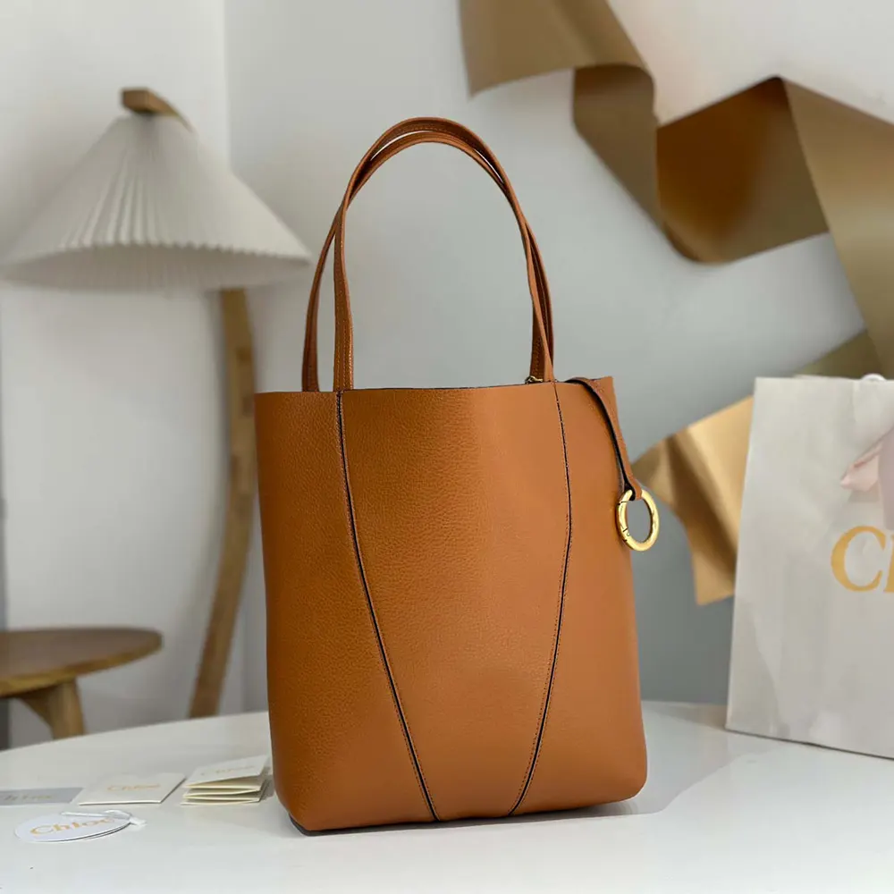 Close-up on gold-tone spinning ring handle of the Chloe Women Chloé Spin Tote Bag