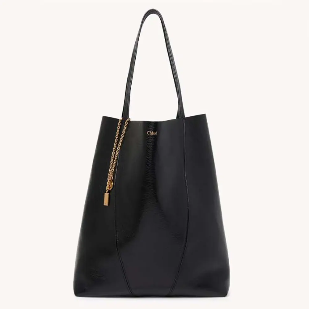Front view of Chloe Women Large Chloé Spin Tote Bag in Grained Leather-Black