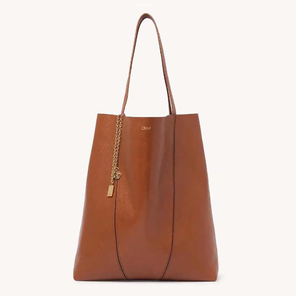 Front view of Chloe Women Large Chloé Spin Tote Bag in Grained Leather-Brown