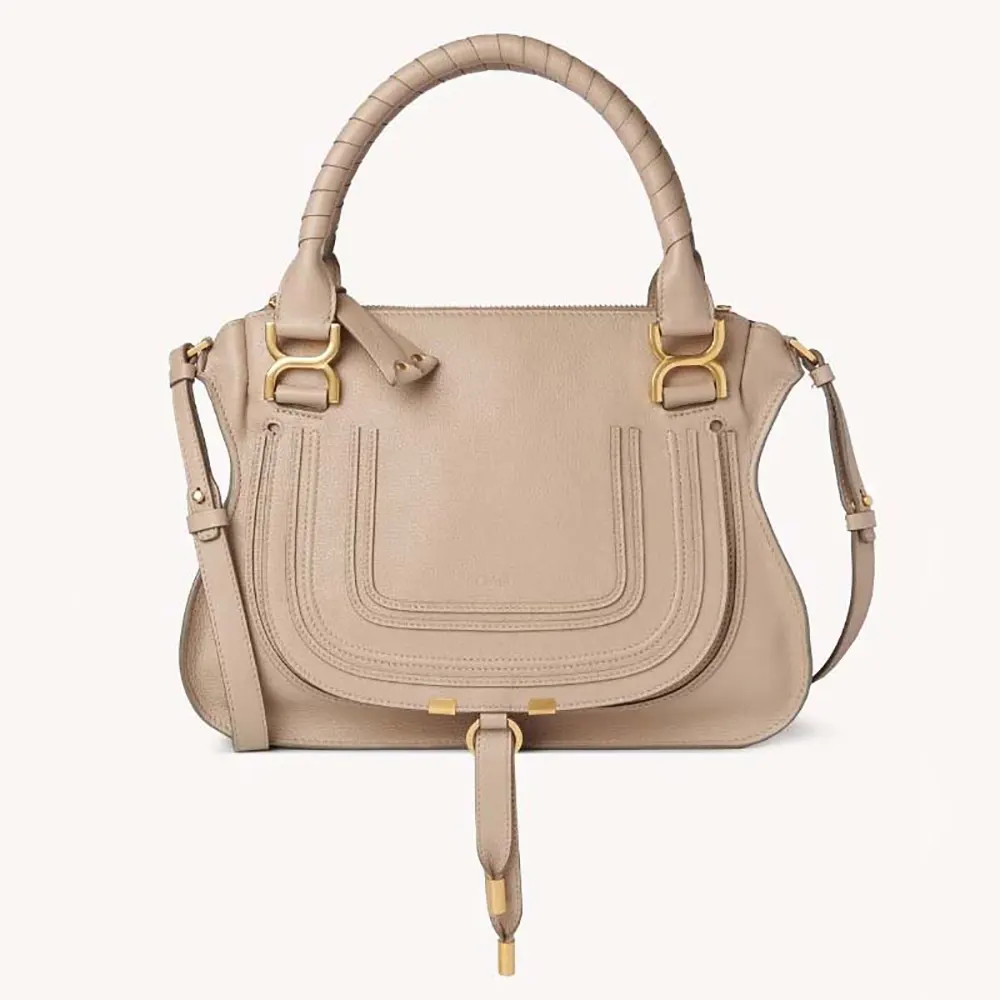 Front view of Chloe Women Marcie Bag in Grained Leather-Beige