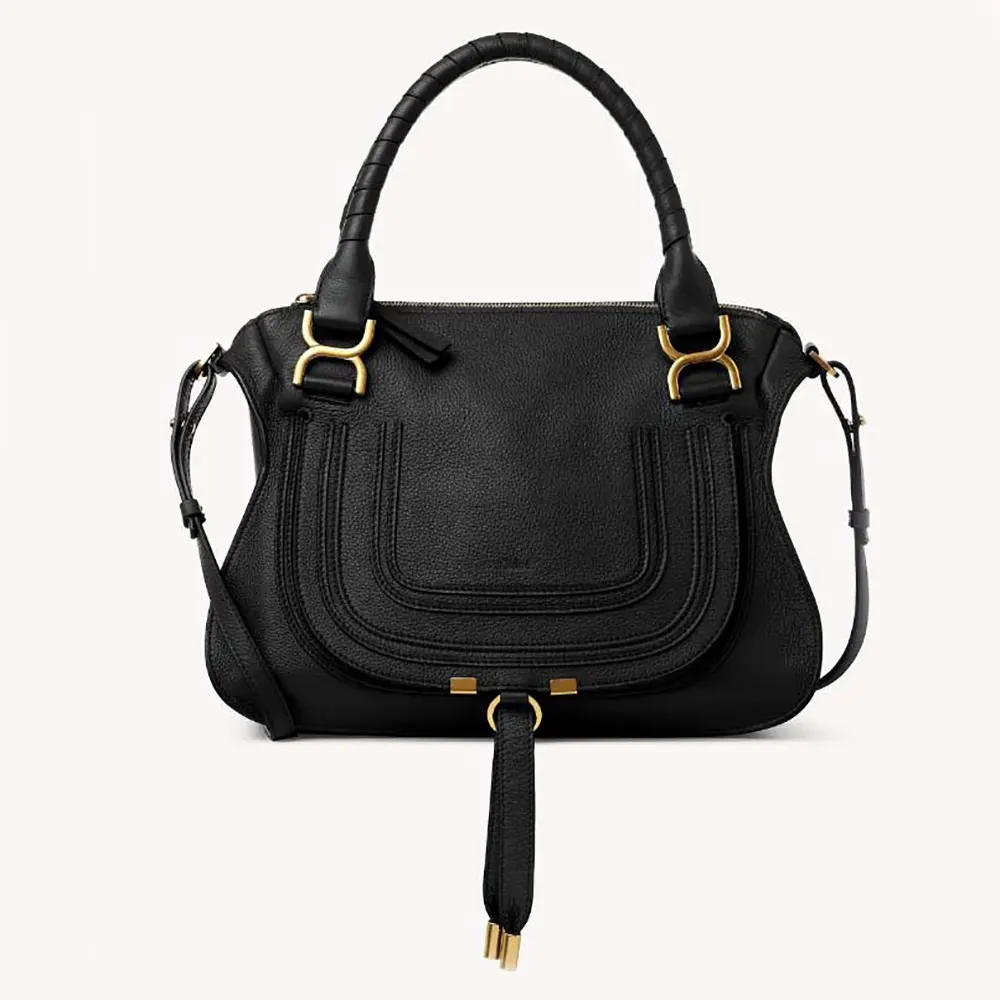 Front view of Chloe Women Marcie Bag in Grained Leather-Black