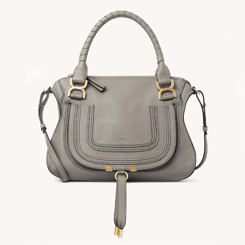 Front view of Chloe Women Marcie Bag in Grained Leather-Grey