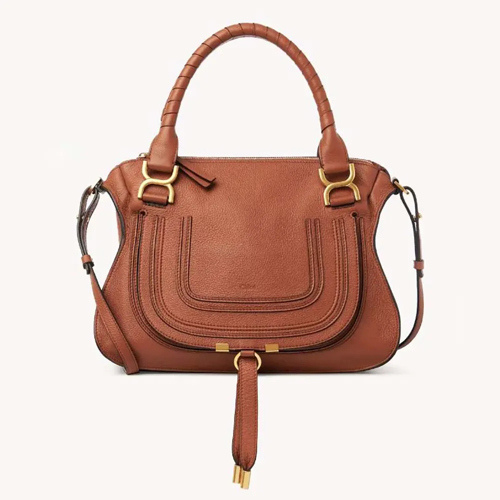 Front view of Chloe Women Marcie Bag in Grained Leather-Tan showcasing curved silhouette
