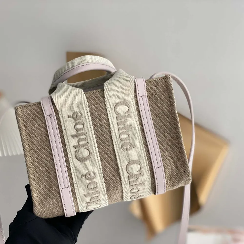 Chloe Women Mini Woody Tote Bag in Linen & Leather-Pink - image 4