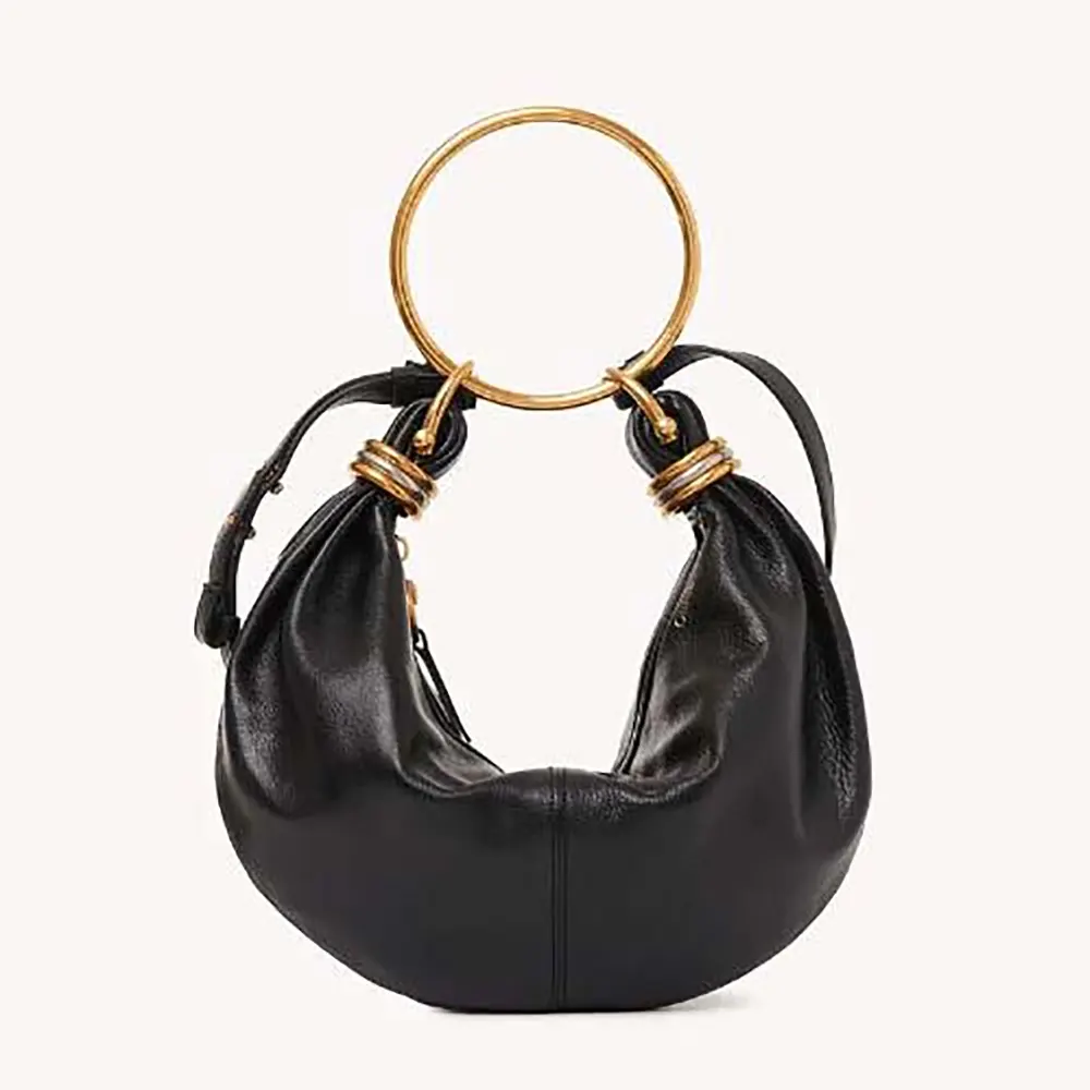Front view of Chloe Women Small Bracelet Hobo Bag in grained black leather