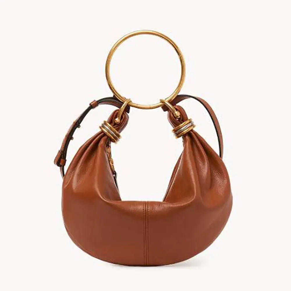 Front view of Chloe Women Small Bracelet Hobo Bag in brown grained leather