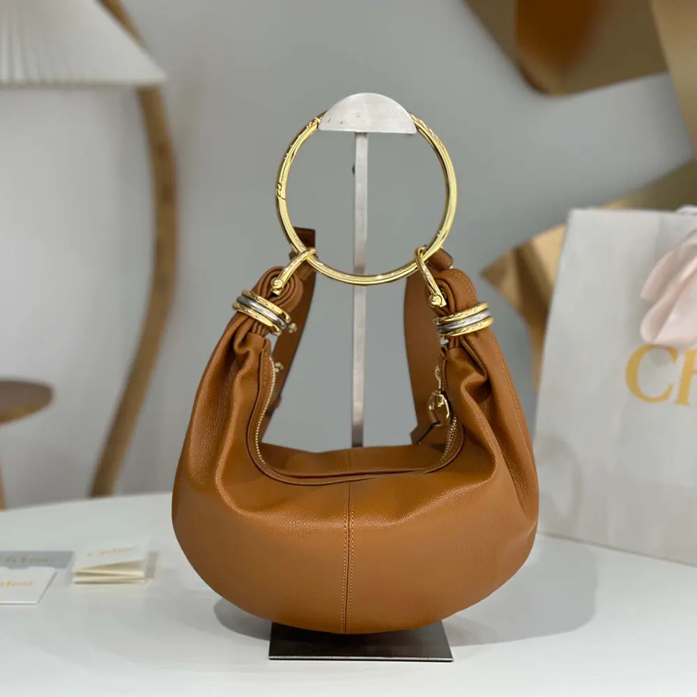 Close-up of bracelet handle and gold hardware on Chloe Women Small Bracelet Hobo Bag