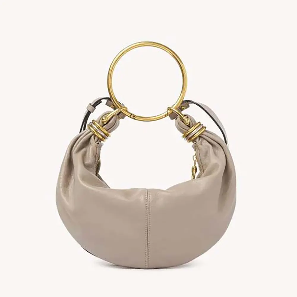 Front view of Chloe Women Small Bracelet Hobo Bag in Grey grained leather