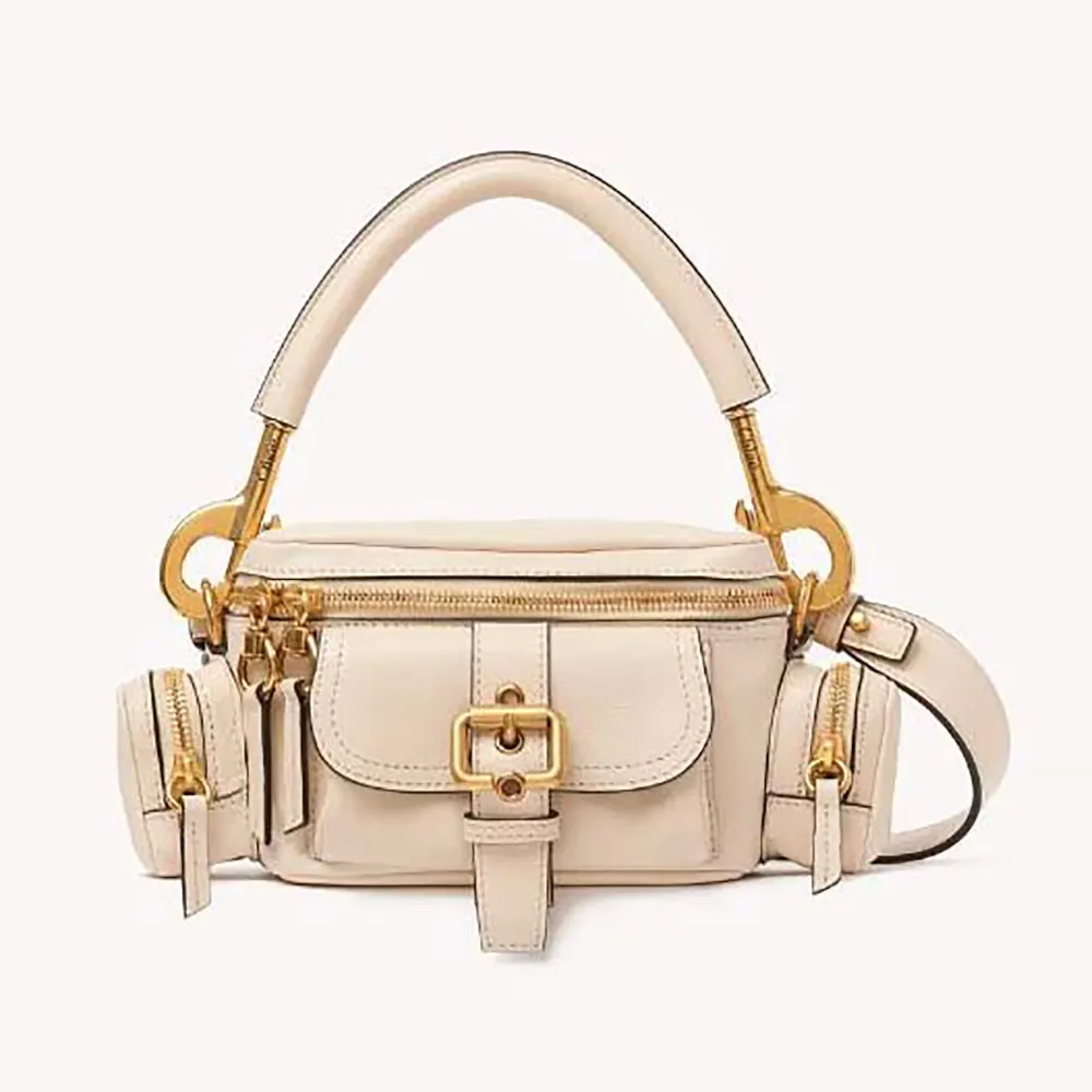 Front view of Chloe Women Small Camera Bag in Shiny Leather-Beige