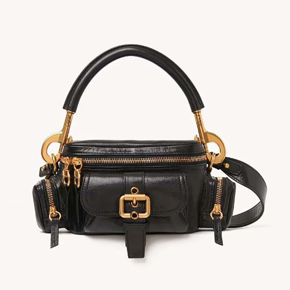 Front view of Chloe Women Small Camera Bag in Shiny Leather-Black