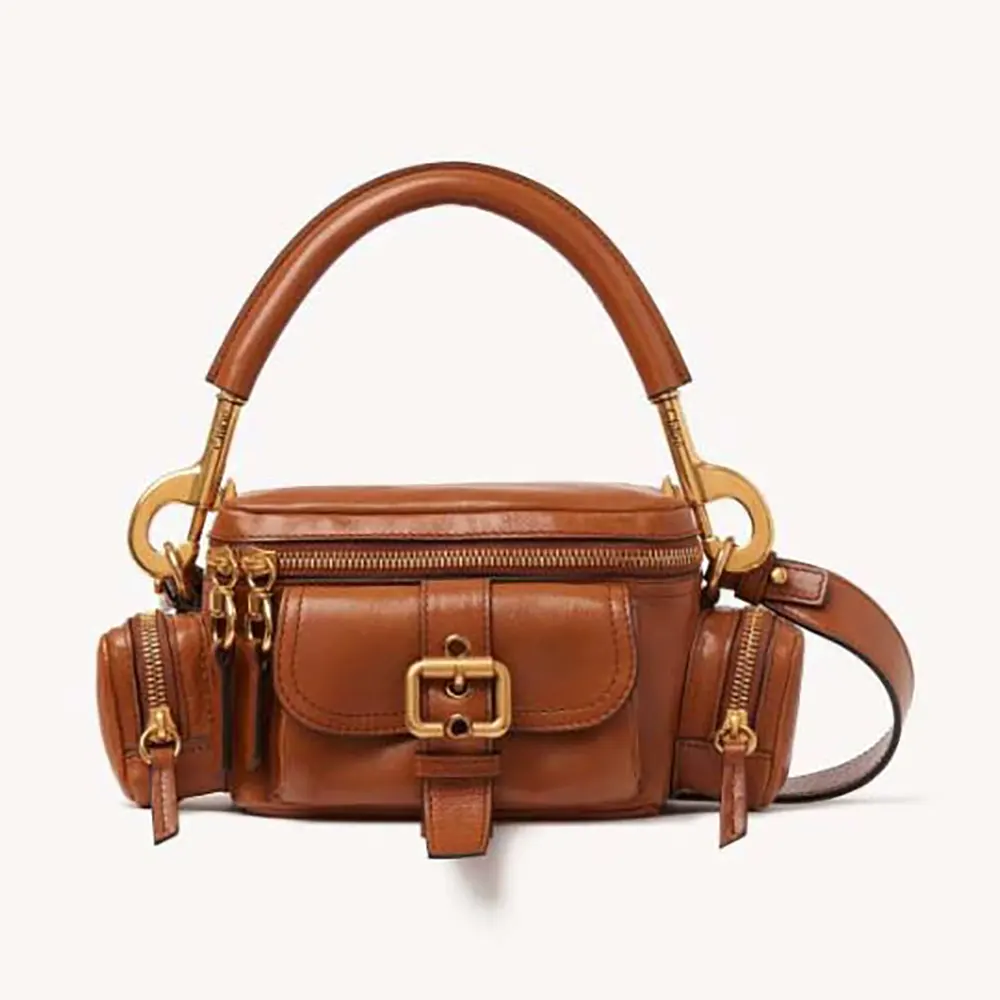 Front view of Chloe Women Small Camera Bag in Shiny Leather-Brown