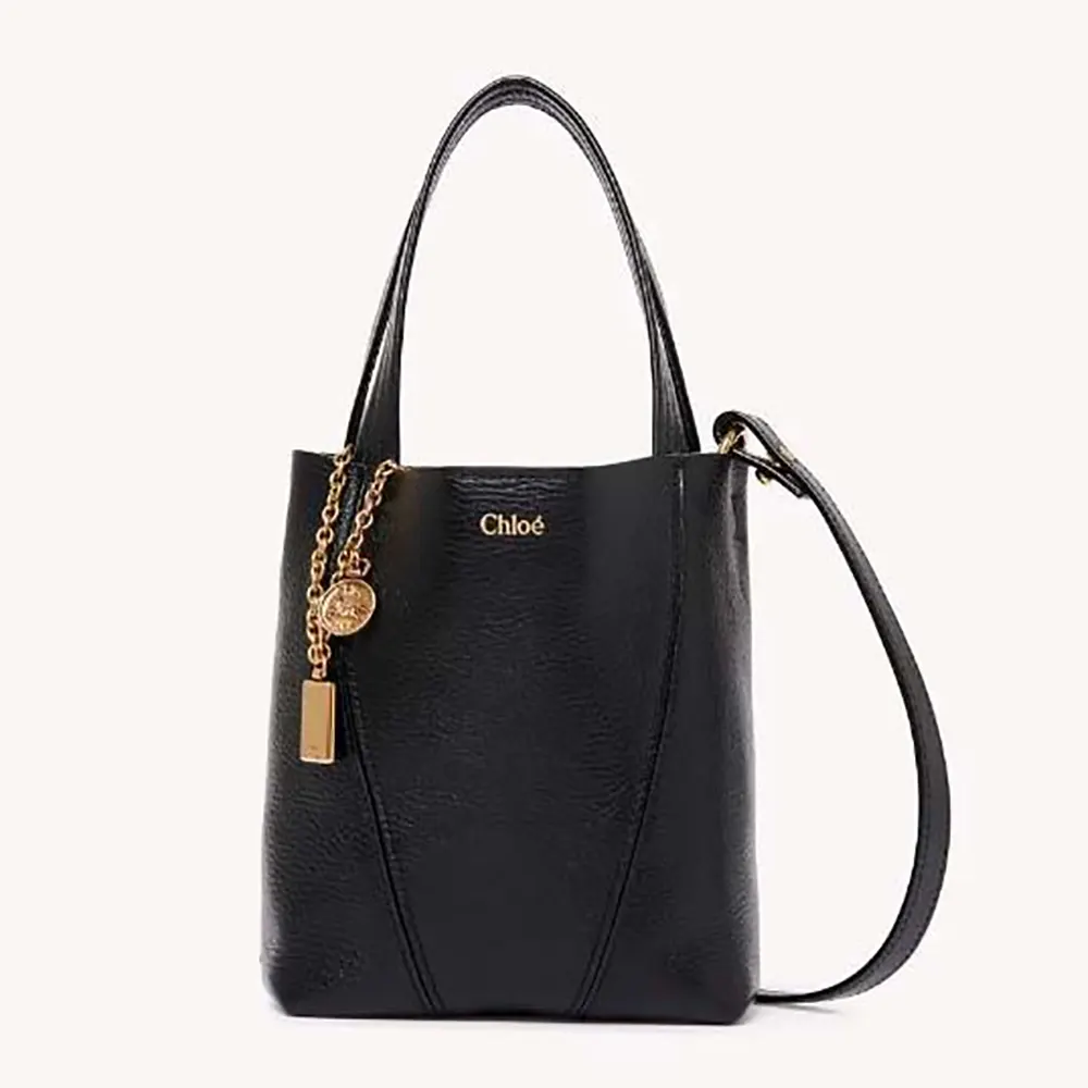 Front view of Chloe Women Small Chloé Spin Tote Bag in Grained Leather-Black