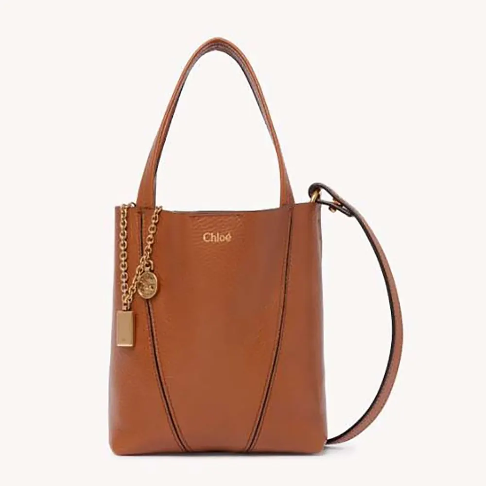 Front view of Chloe Women Small Chloé Spin Tote Bag in grained brown leather