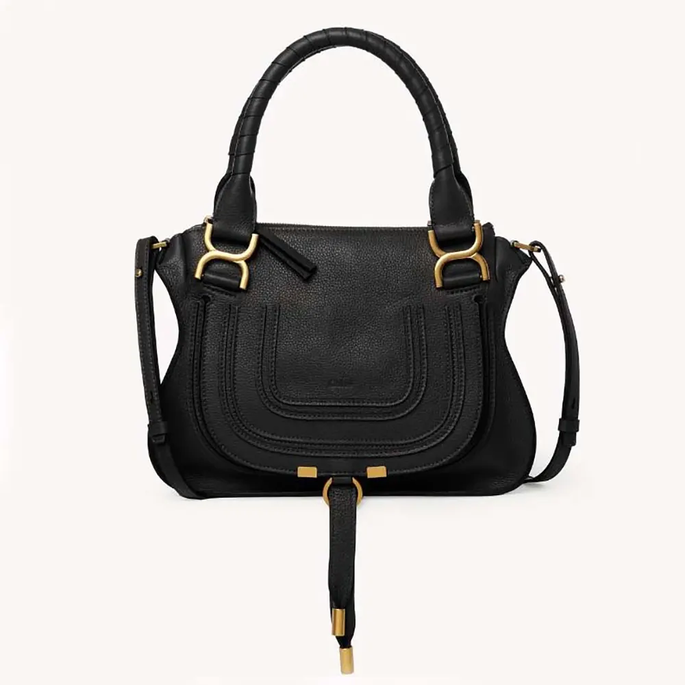 Front view of Chloe Women Small Marcie Bag in Grained Leather-Black