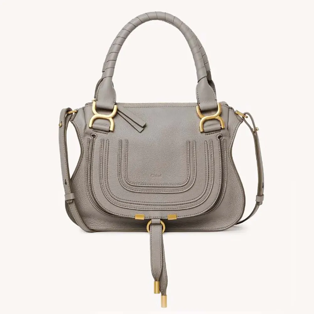 Front view of Chloe Women Small Marcie Bag in Grained Leather-Grey