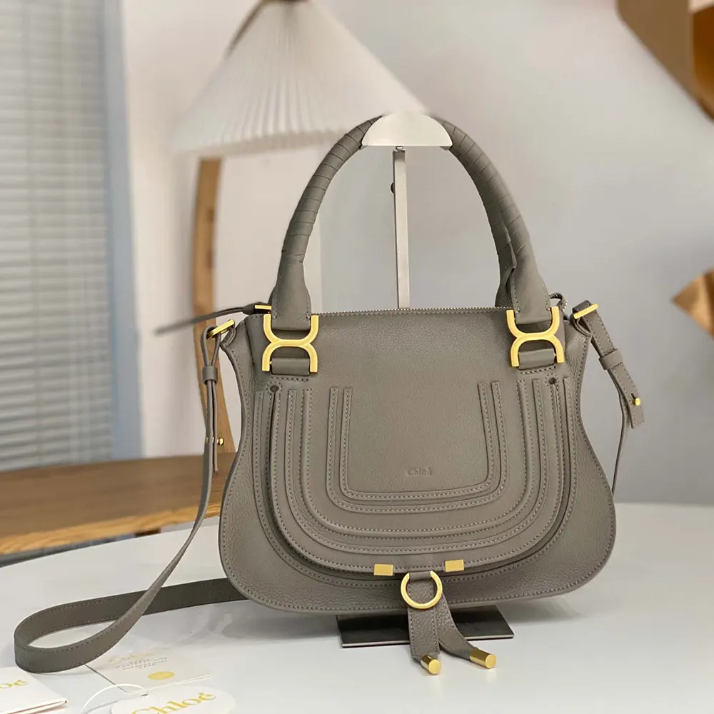 Close-up of braided leather trim on Chloe Women Small Marcie Bag Grey