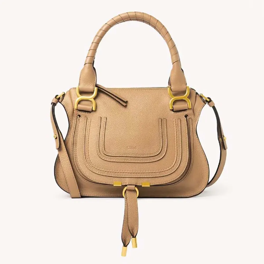 Front view of Chloe Women Small Marcie Bag in Grained Leather-Milky Brown