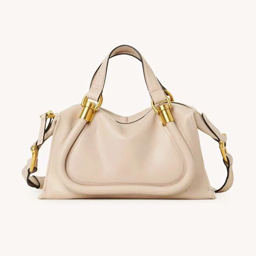 Front view of Chloe Women Small Paraty 24 Bag in Shiny Leather-Beige
