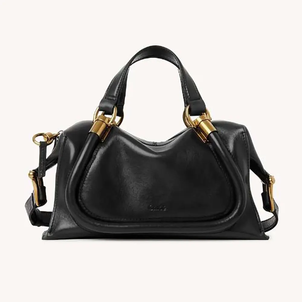 Front view of Chloe Women Small Paraty 24 Bag in Shiny Leather-Black