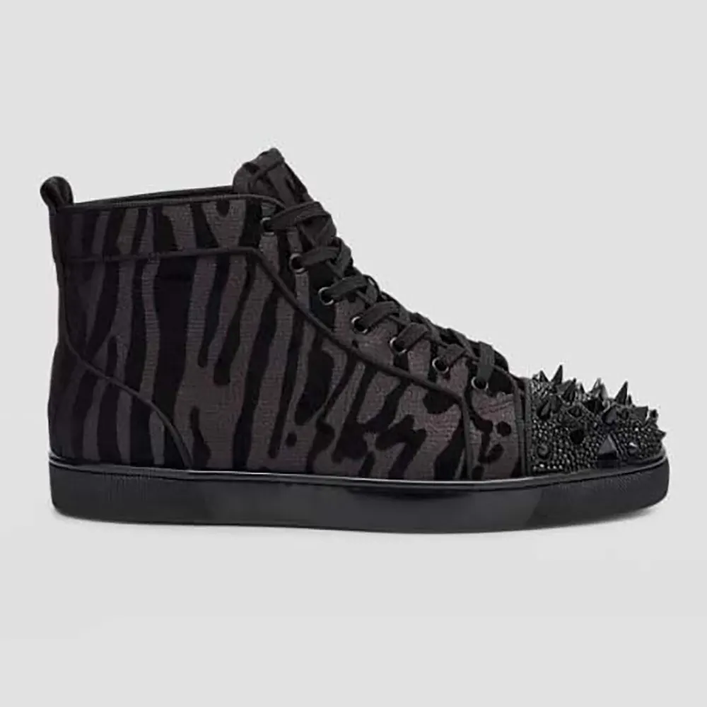 Side view of Christian Louboutin Men Lou Pik Pik Velvet High-Top Sneakers-Black