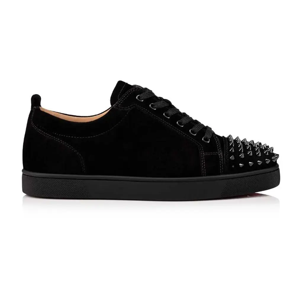 Side view of Christian Louboutin Unisex Louis Junior Spikes Sneakers Veau Velours-Black