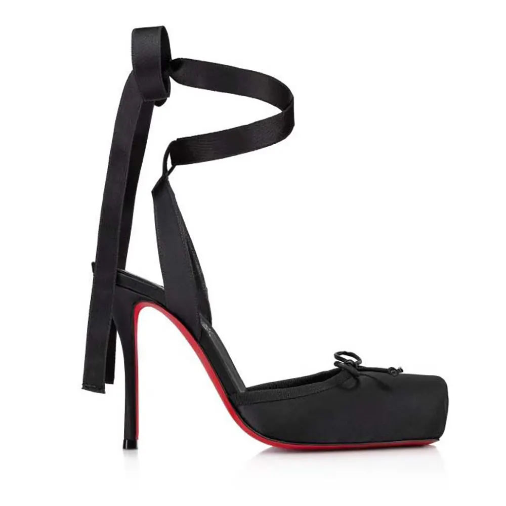 Side view of Christian Louboutin Women Cassia Lace Up 100 mm Strappy Pumps-Black