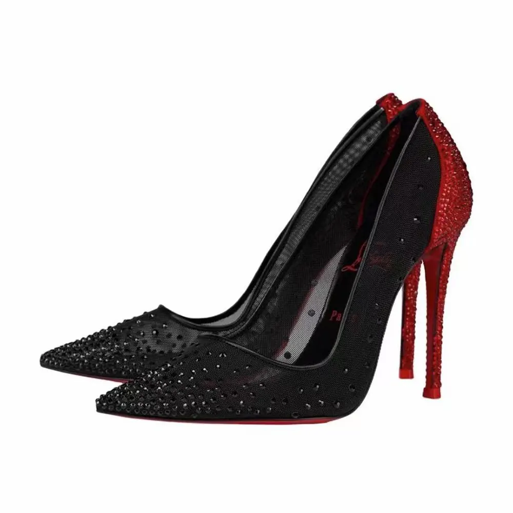Rear angle showing stiletto heel and leather finish on Christian Louboutin Degrastrass