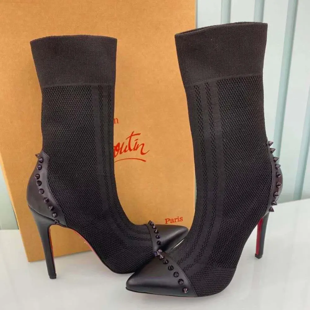 Christian Louboutin Women Nappa Knit Dovi Dova 100 Ankle Boots-Black - image 8
