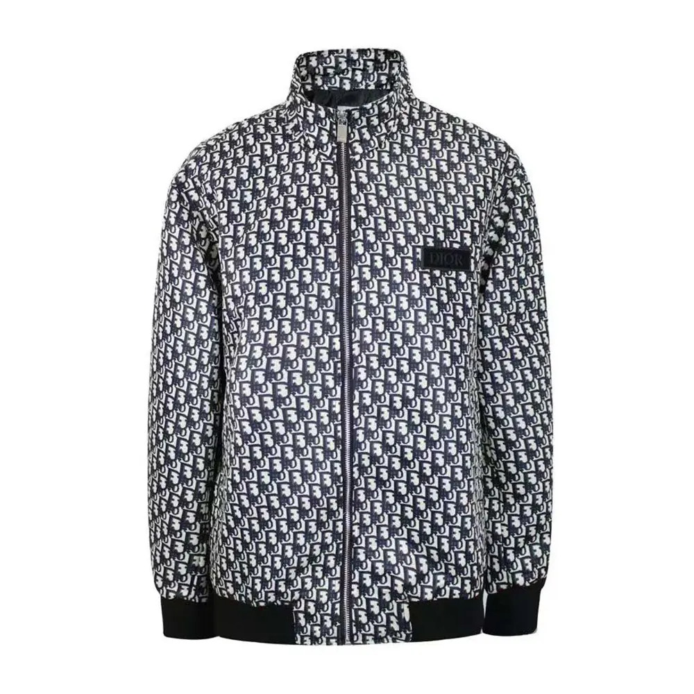 Front view of Dior Men Padded Bomber Jacket Blue and Ecru Technical Taffeta Jacquard