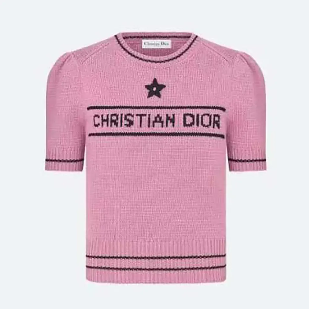 Front view of Dior Women Christian Dior Short-Sleeved Sweater Pink Cashmere and Wool Knit