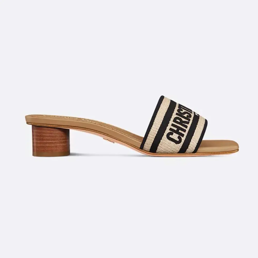 Front angle of Dior Women Dway Heeled Slide with black embroidery