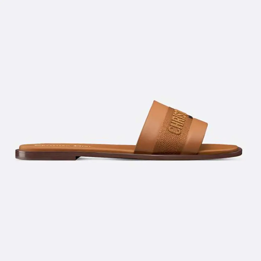 Side angle of Dior Women Dway Slide Camel Calfskin and Embroidered Cotton