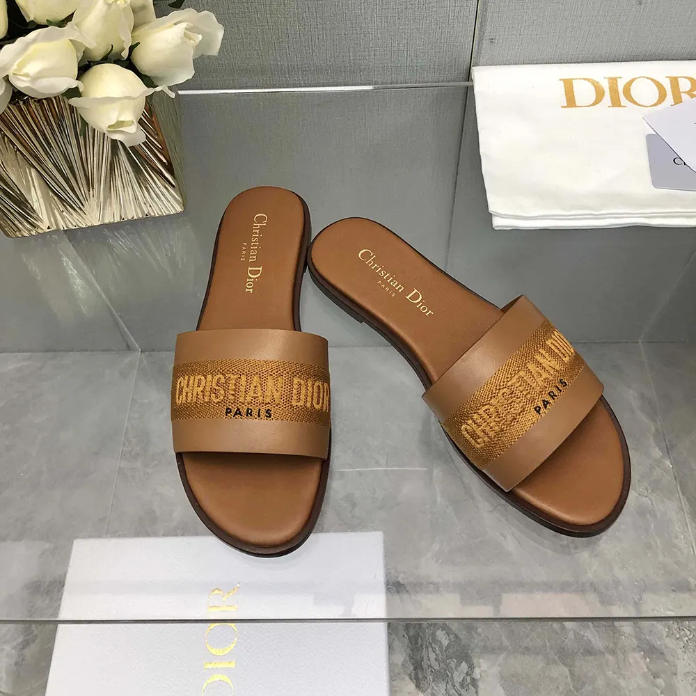 Top view showing brown camel calfskin on Dior Women Dway Slide
