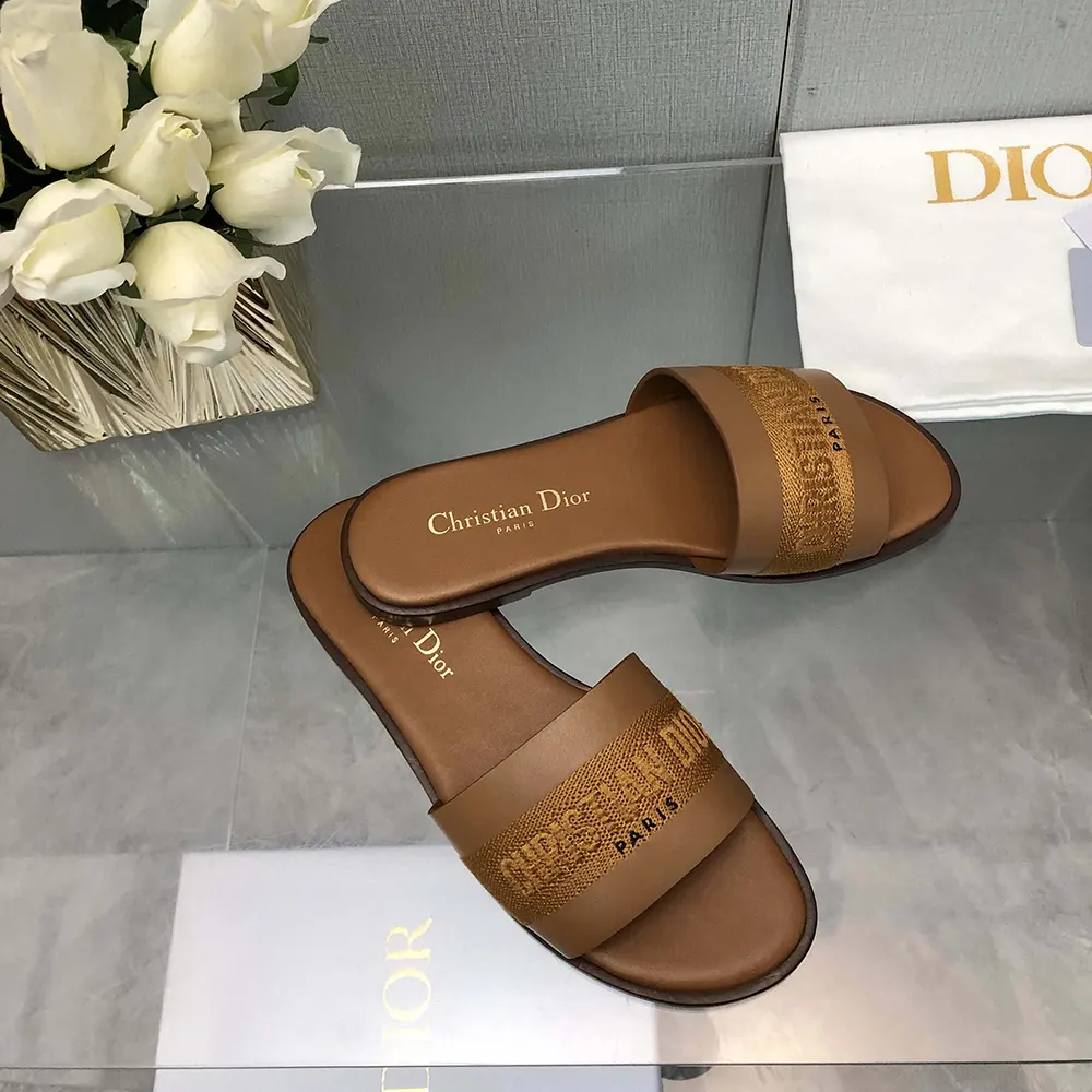 Dior Women Dway Slide Camel Calfskin and Embroidered Cotton - image 5