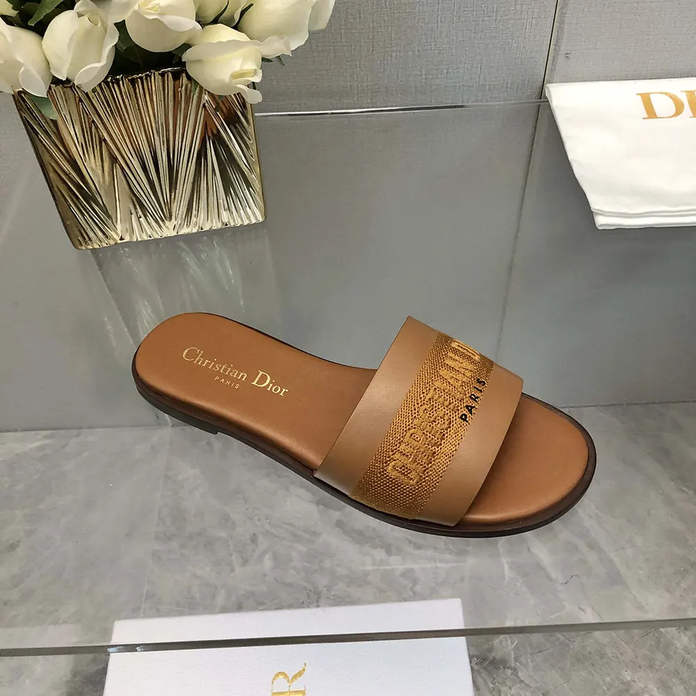 Dior Women Dway Slide Camel Calfskin and Embroidered Cotton - image 7