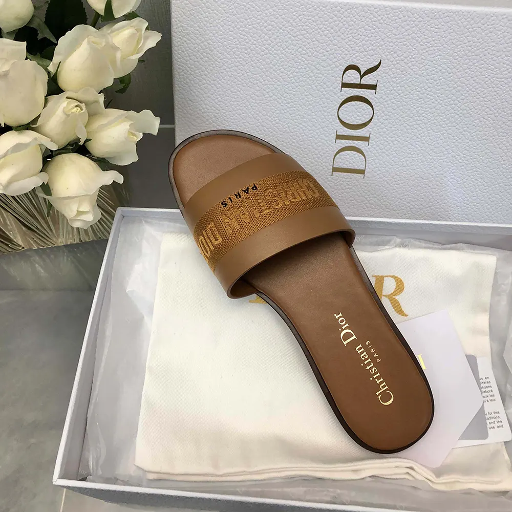 Dior Women Dway Slide Camel Calfskin and Embroidered Cotton - image 9