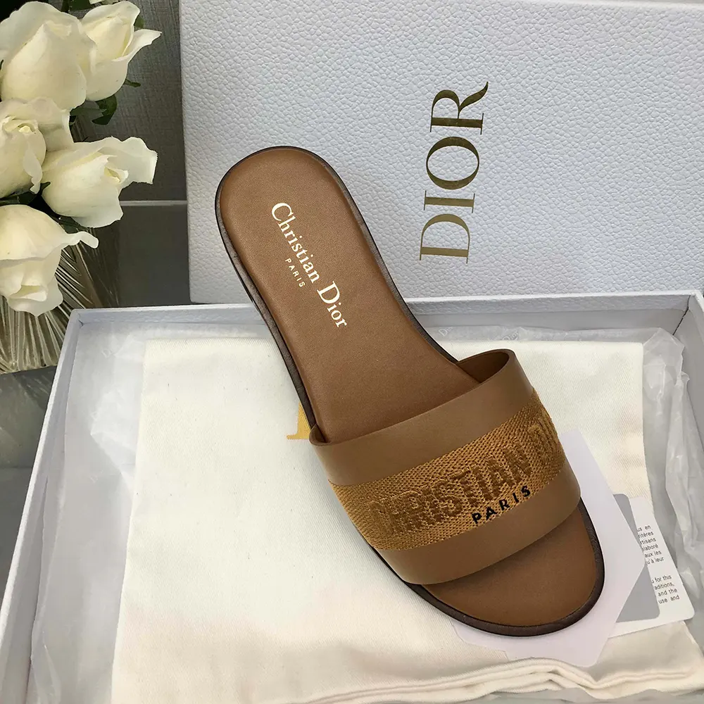 Dior Women Dway Slide Camel Calfskin and Embroidered Cotton - image 8