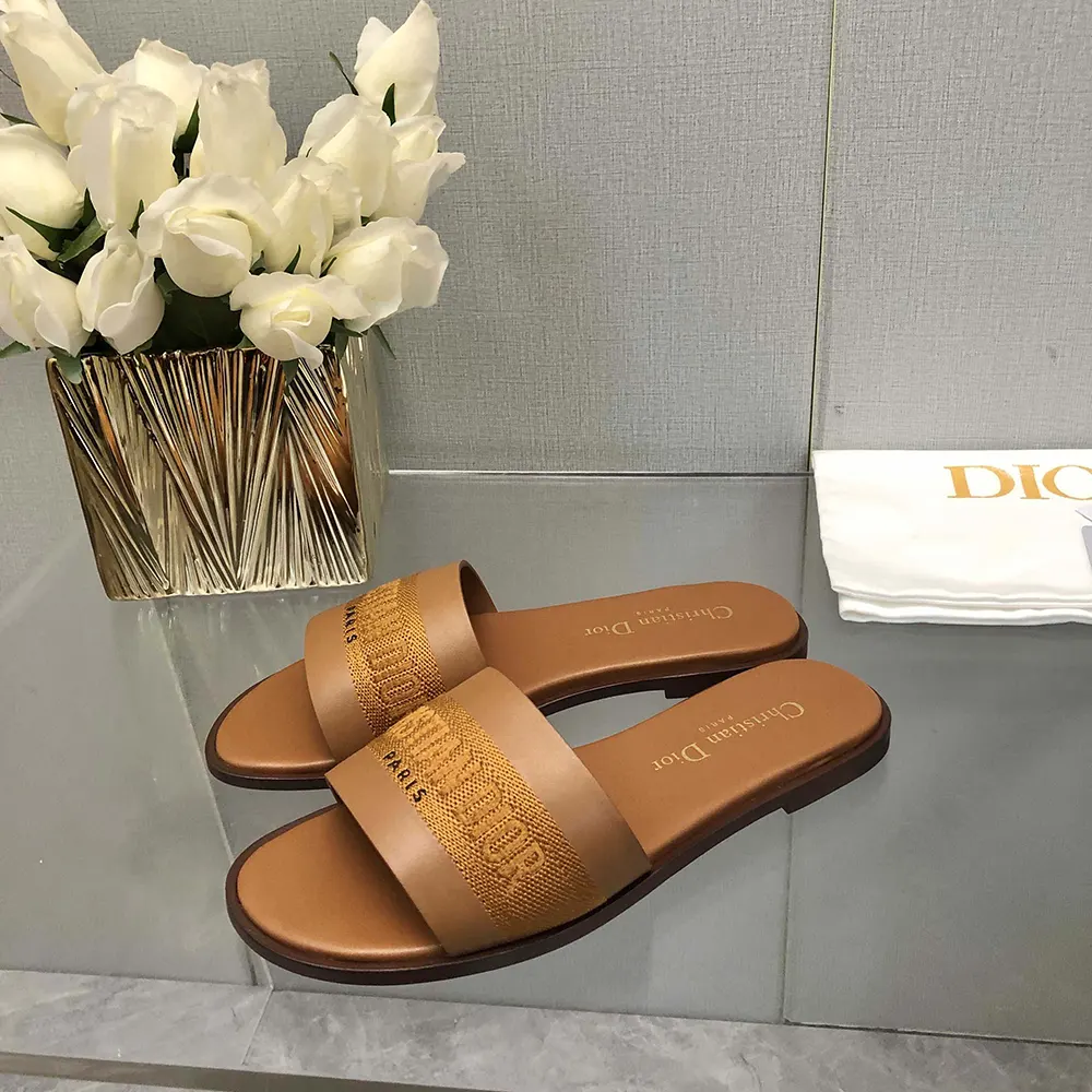 Dior Women Dway Slide Camel Calfskin and Embroidered Cotton - image 6