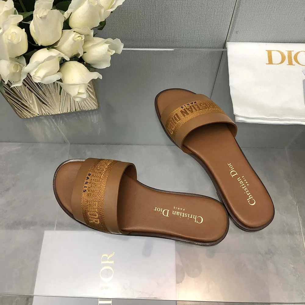 Dior Women Dway Slide Camel Calfskin and Embroidered Cotton - image 4